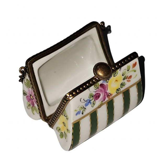 Floral Green Striped Purse Porcelain Limoges purse French Trinket Box