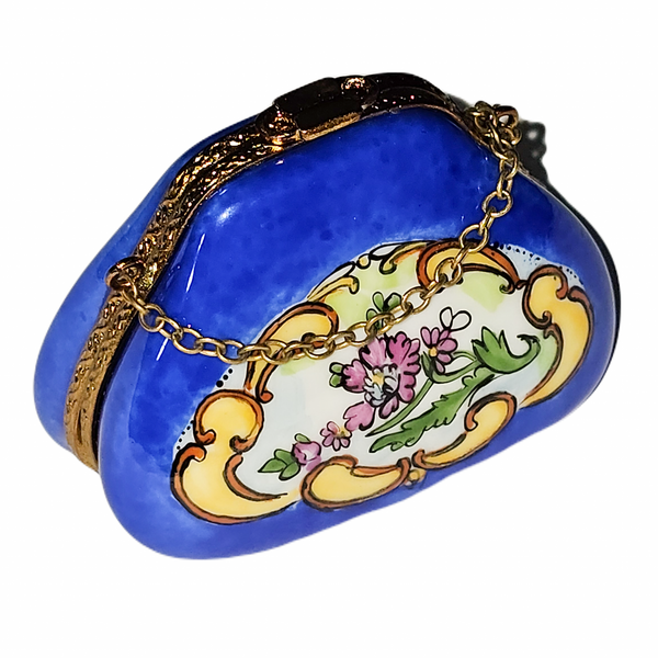 Blue Yellow Floral Limoges Box Porcelain Limoges purse French Trinket Box