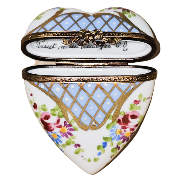 Light Blue Floral Heart Box Porcelain Limoges heart French Trinket Box