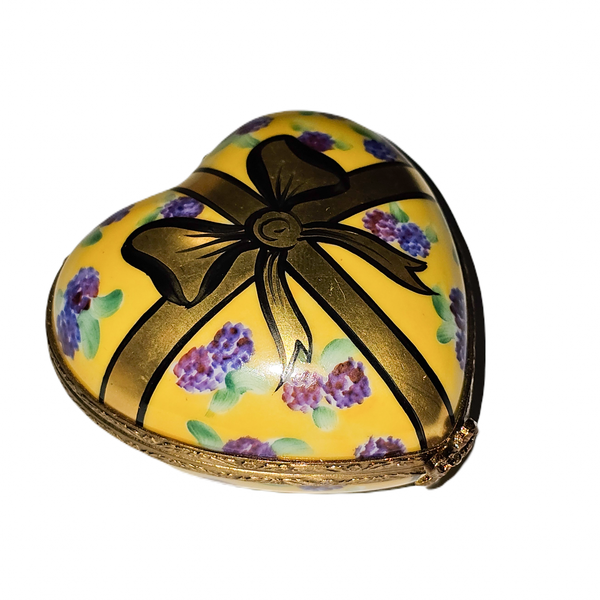 Yellow Heart With Purple Flowers Porcelain Limoges heart French Trinket Box