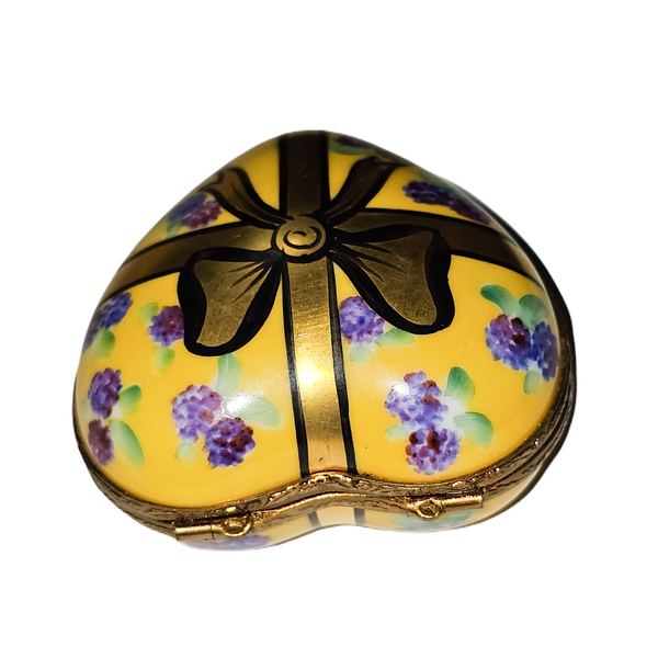 Yellow Heart With Purple Flowers Porcelain Limoges heart French Trinket Box