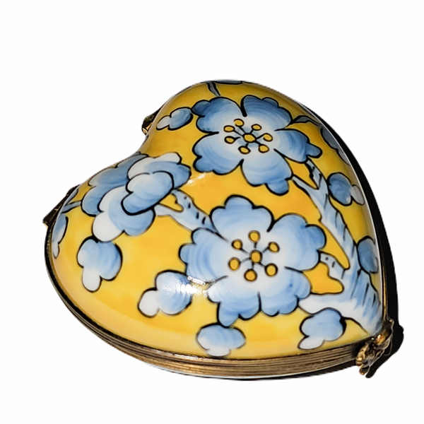 Yellow Heart Box with Blue Flowers Porcelain Limoges heart French Trinket Box