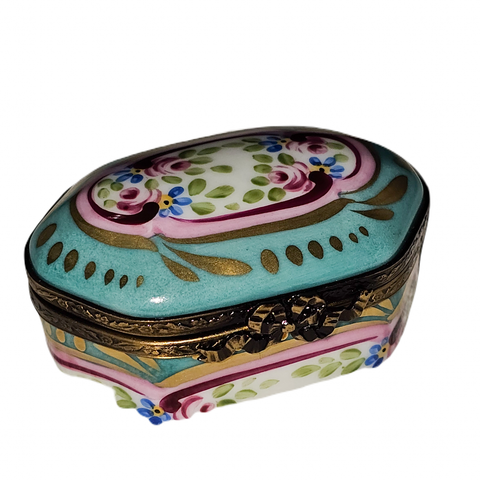 Turquoise Pink Hexagonal Delight Porcelain Limoges traditional French Trinket Box