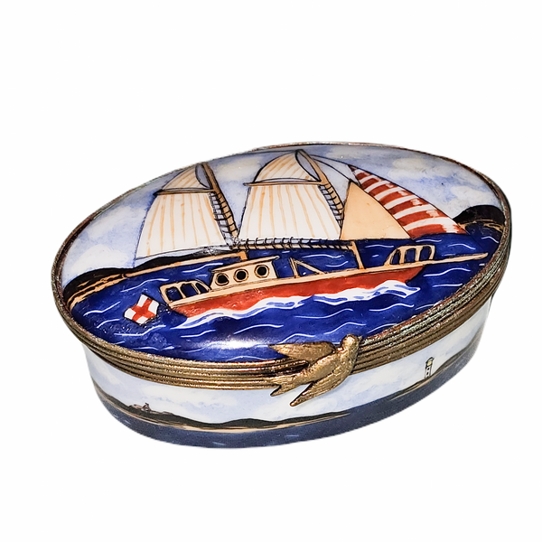 Sailboat on Oval 1 Limoges Box for Nautical Collectors Authentic Limoges Box