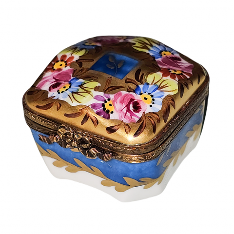 Blue Gold Floral Treasure Box Porcelain Limoges traditional French Trinket Box