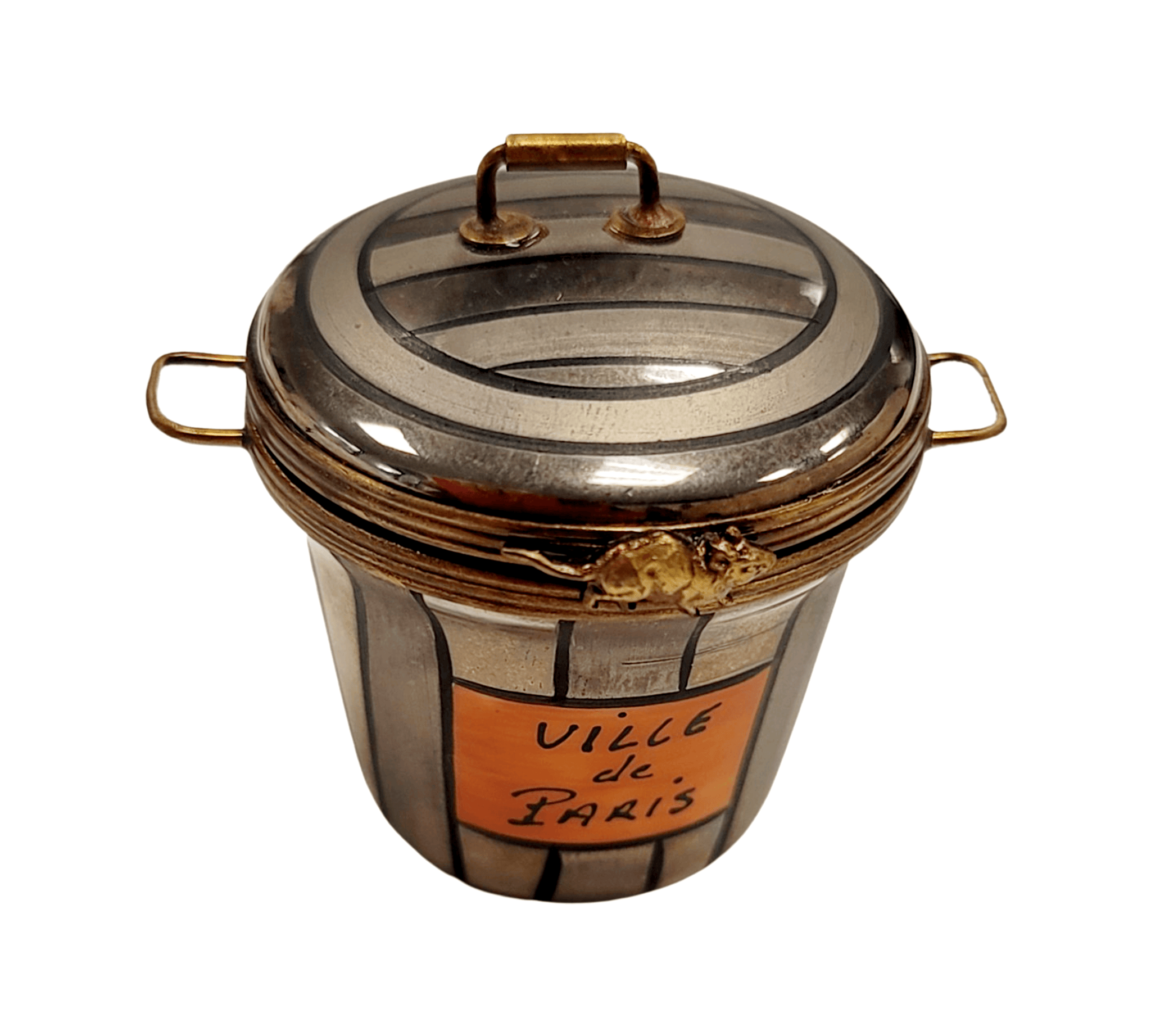 Adorable Cat in Trashcan Figurine Porcelain Limoges cat French Trinket Box