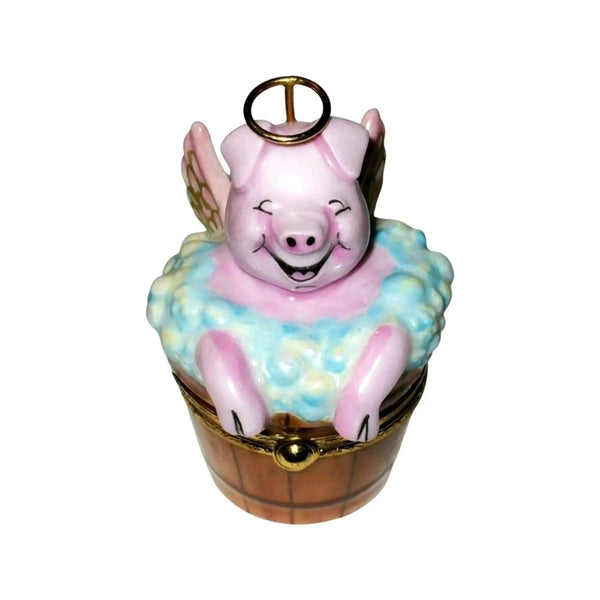 Angelic Pig In Washing Porcelain Limoges Angel Farm Animals French Trinket Box