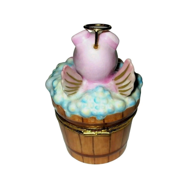 Angelic Pig In Washing Porcelain Limoges Angel Farm Animals French Trinket Box