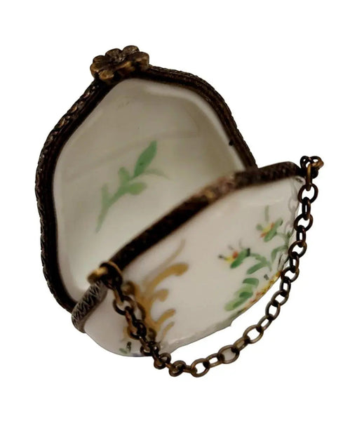 Antiqued Brass Yellow Purse Charm Porcelain Limoges purse trinket box limoges French Trinket Box