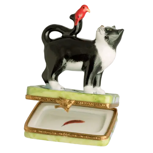 B And W Cat w Red Bird Porcelain Limoges Cat French Trinket Box
