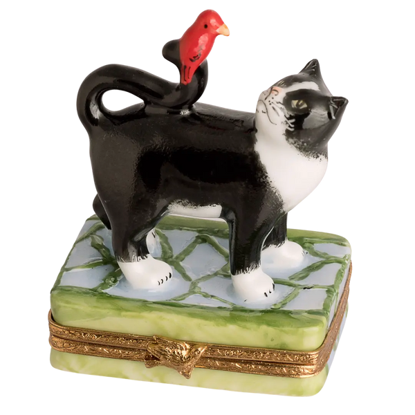 B And W Cat w Red Bird Porcelain Limoges Cat French Trinket Box