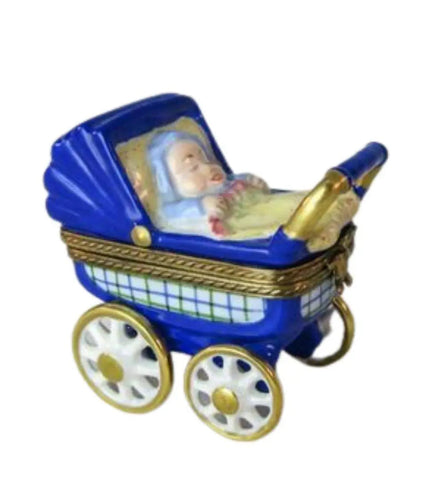Baby Carriage Blue Porcelain Limoges Babies Figurine French Trinket Box