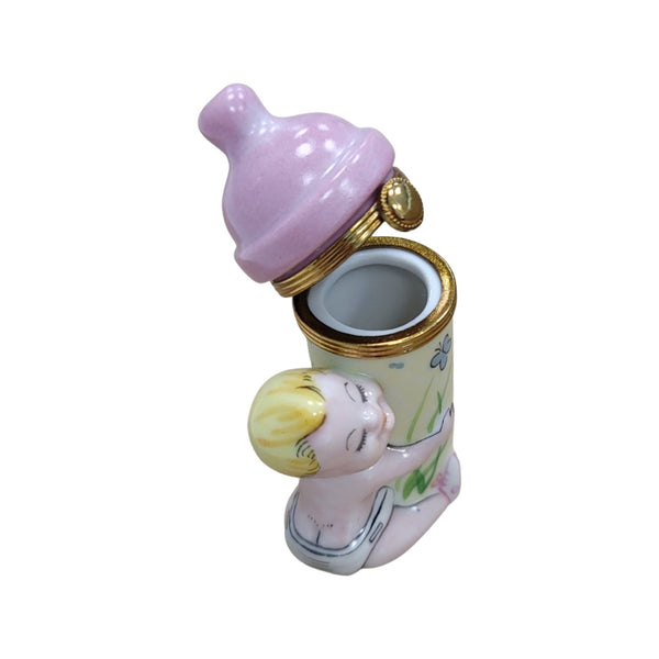 Baby With Pink Bottle Figurine Porcelain Limoges Limoges Boxes baby figurine maternity French Trinket Box