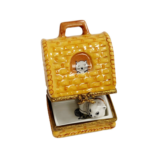 Black Cat Carrier Figurine Porcelain Limoges Cat French Trinket Box