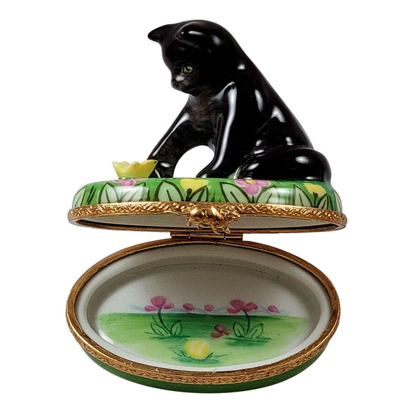 Black Cat w Butterfly Porcelain Limoges Cat Butterfly French Trinket Box