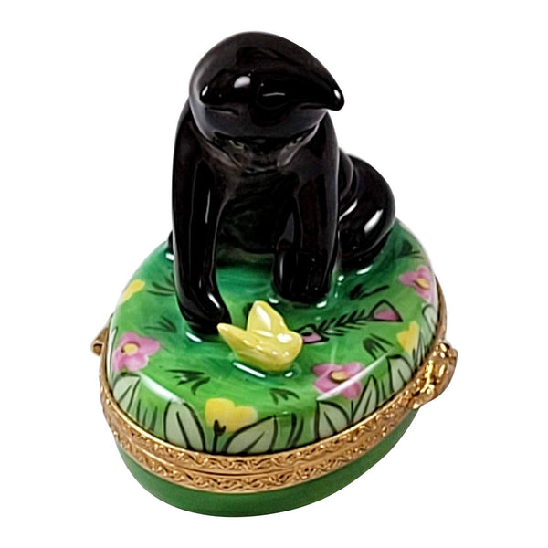 Black Cat w Butterfly Porcelain Limoges Cat Butterfly French Trinket Box