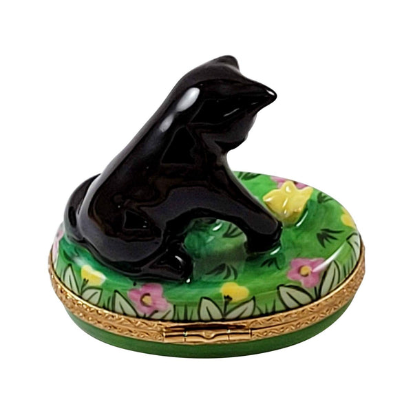 Black Cat w Butterfly Porcelain Limoges Cat Butterfly French Trinket Box
