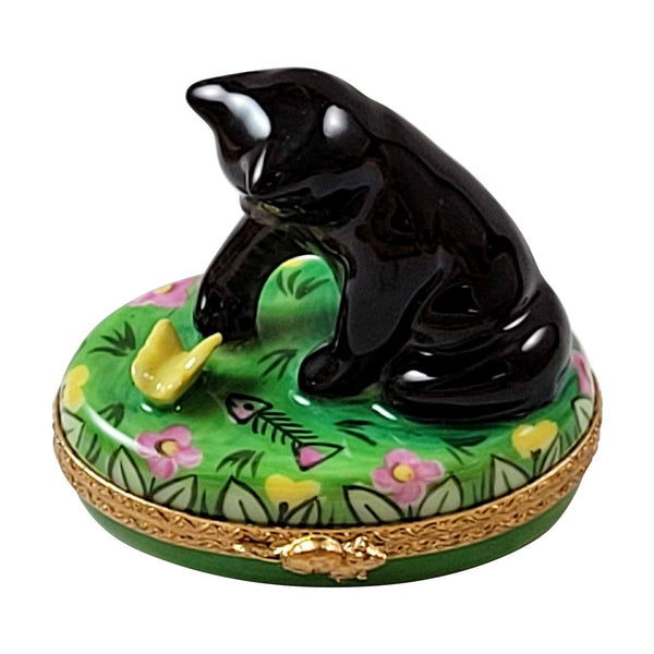Black Cat w Butterfly Porcelain Limoges Cat Butterfly French Trinket Box