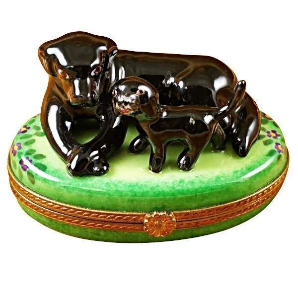 Black Labrador & Puppy limoges box Porcelain Limoges French Trinket Box