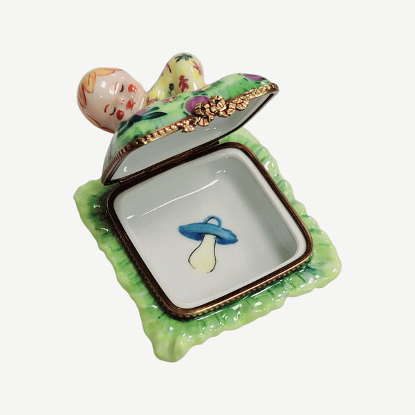 Blond Baby Doll on Pillow Porcelain Limoges baby figurine French Trinket Box