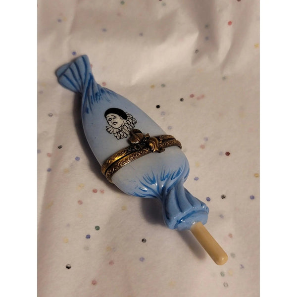 Blue Clown Candy Lollipop Delight Porcelain Limoges Carnival Kids Dessert French Trinket Box
