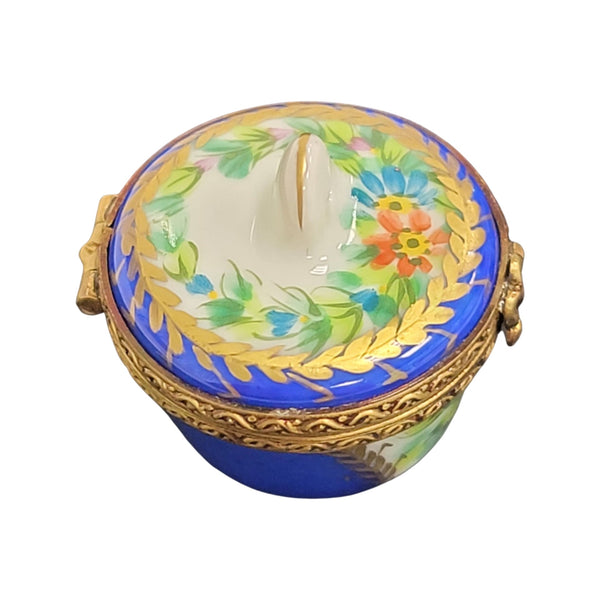 Blue Crown Top Pill Box Porcelain Limoges traditional French Trinket Box
