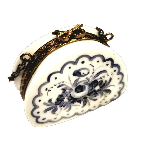 Blue Flowers Hand Painted Purse Porcelain Limoges purse trinket box French Trinket Box