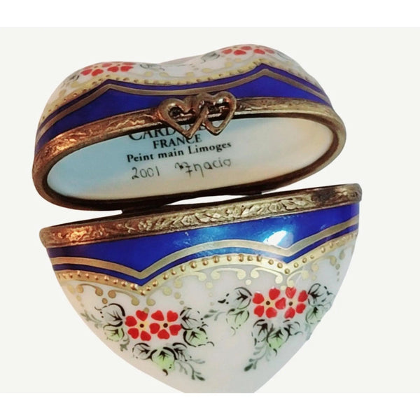 Blue Gold Heart Box with Red Flowers Porcelain Limoges HEART LIMOGES BOXES love French Trinket Box