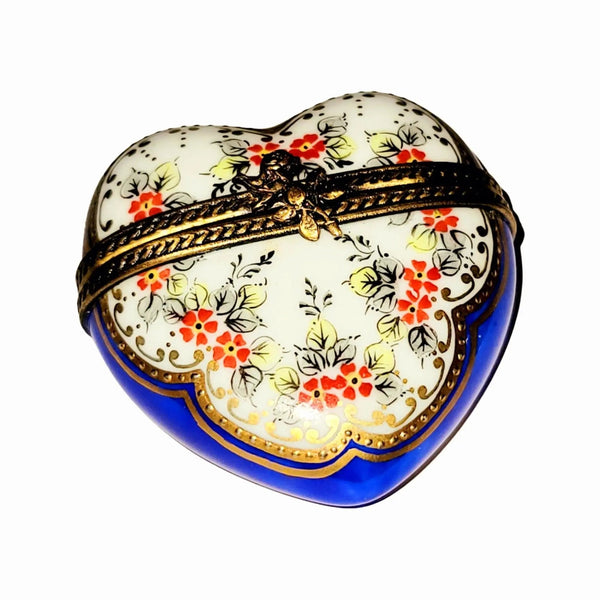 Blue Gold Heart Box with Red Flowers Porcelain Limoges HEART LIMOGES BOXES love French Trinket Box