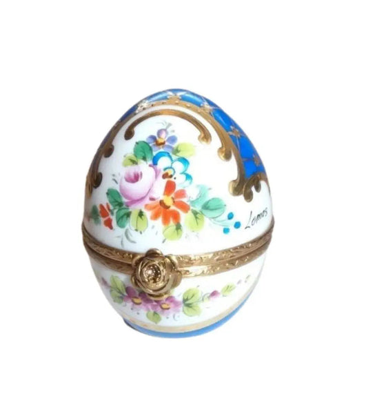 Blue Gold Perfume bottle 2.75" Egg Gold Encrustation Porcelain Limoges perfume egg French Trinket Box