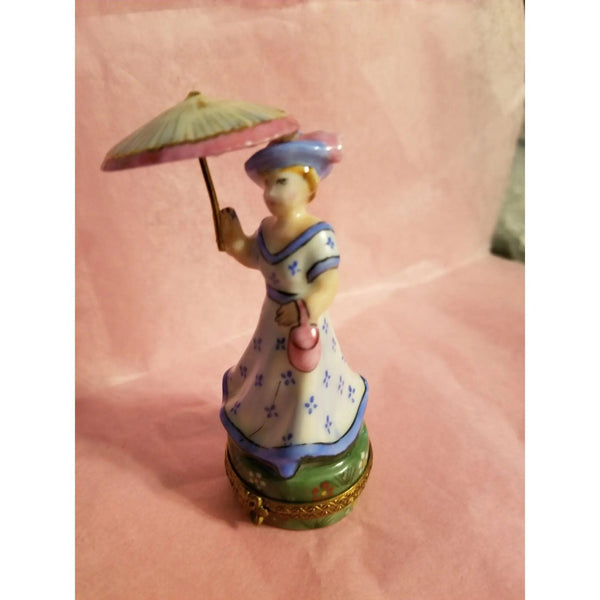 Blue Monet Woman Parasol Box Porcelain Limoges LIMOGES BOXES art women fashion hat dress French Trinket Box