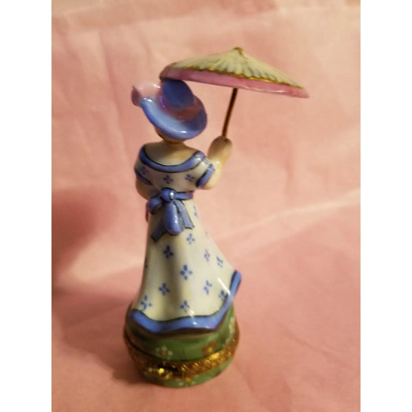 Blue Monet Woman Parasol Box Porcelain Limoges LIMOGES BOXES art women fashion hat dress French Trinket Box