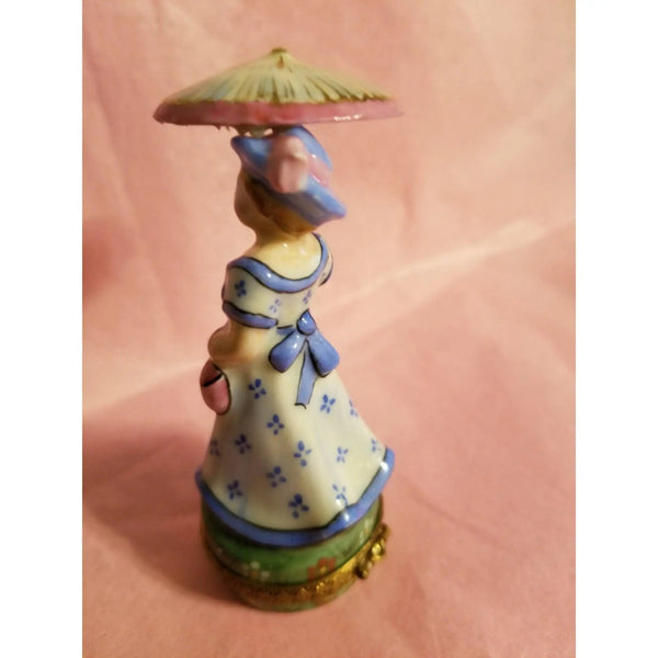 Blue Monet Woman Parasol Box Porcelain Limoges LIMOGES BOXES art women fashion hat dress French Trinket Box