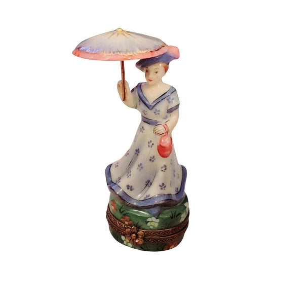 Blue Monet Woman Parasol Box Porcelain Limoges LIMOGES BOXES art women fashion hat dress French Trinket Box