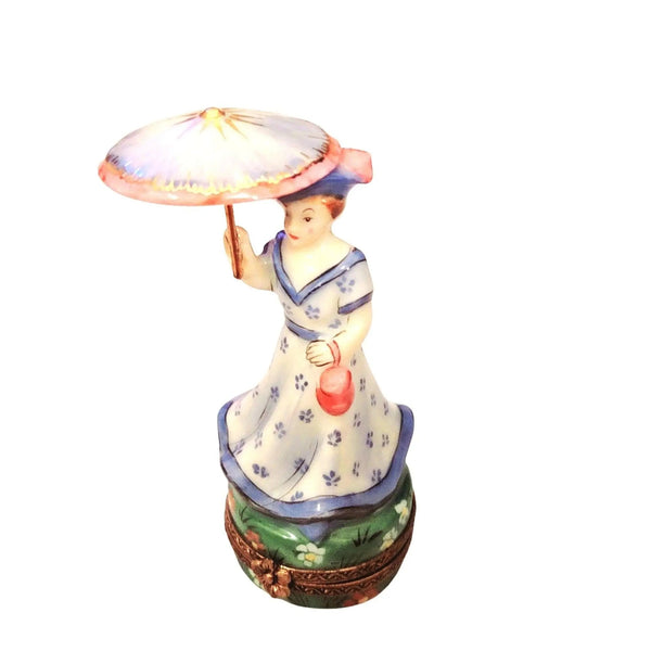 Blue Monet Woman Parasol Box Porcelain Limoges LIMOGES BOXES art women fashion hat dress French Trinket Box