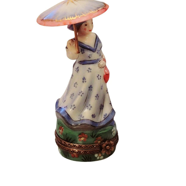 Blue Monet Woman Parasol Box Porcelain Limoges LIMOGES BOXES art women fashion hat dress French Trinket Box