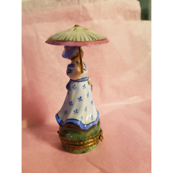 Blue Monet Woman Parasol Box Porcelain Limoges LIMOGES BOXES art women fashion hat dress French Trinket Box