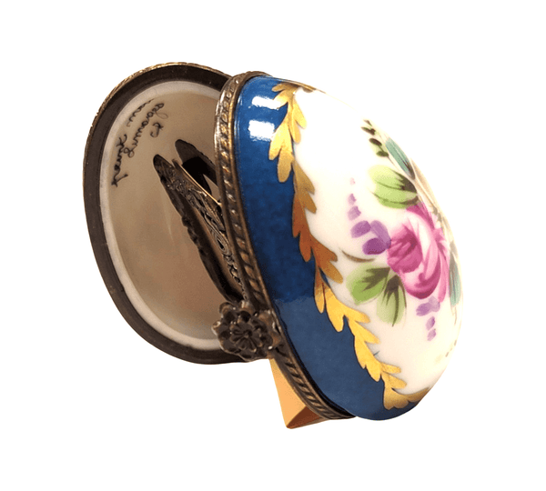Blue Oval Floral Picture Frame Porcelain Limoges egg French Trinket Box