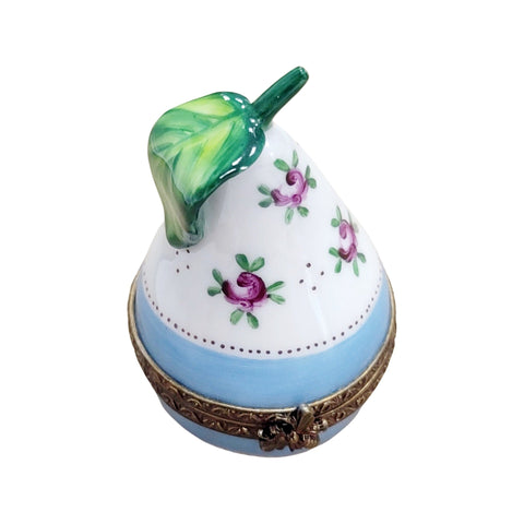 Blue Pear With Floral Elegance Porcelain Limoges fruit Vegetables French Trinket Box