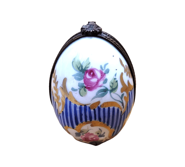 Blue Striped Egg Perfume Box Porcelain Limoges Perfume egg French Trinket Box