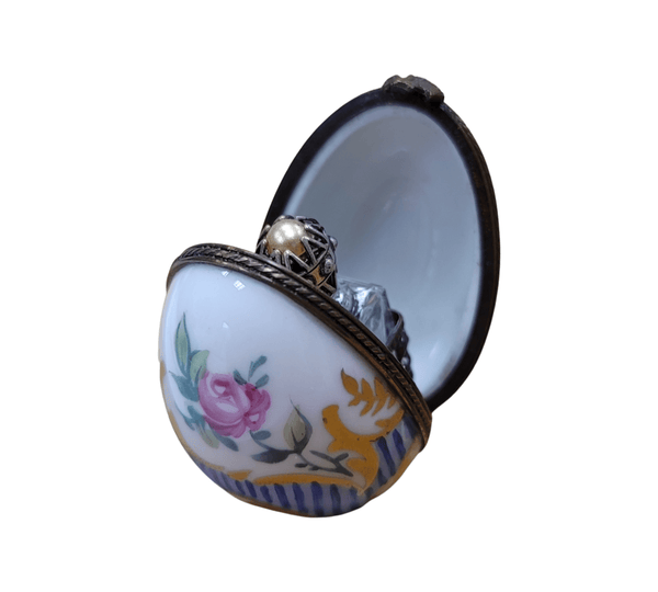 Blue Striped Egg Perfume Box Porcelain Limoges Perfume egg French Trinket Box