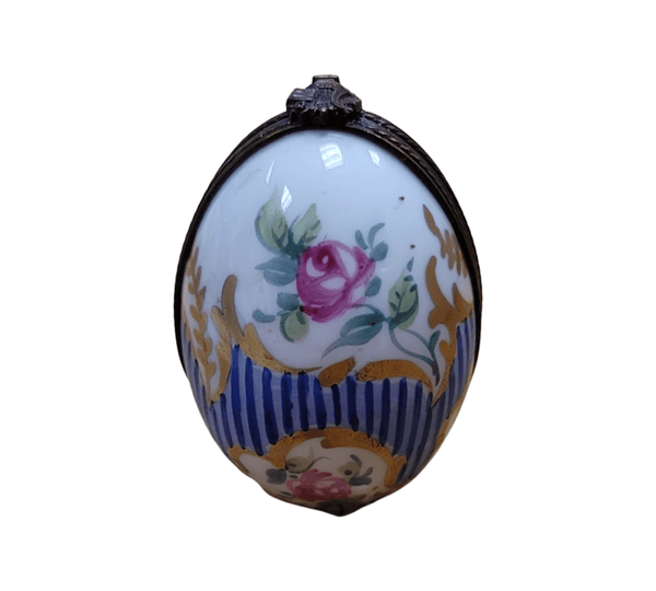 Blue Stripes Elegant Picture Frame Porcelain Limoges egg French Trinket Box