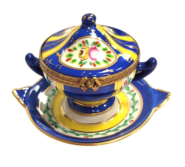 Blue Yellow Porcelain Soup Tureen Porcelain Limoges Home China French Trinket Box
