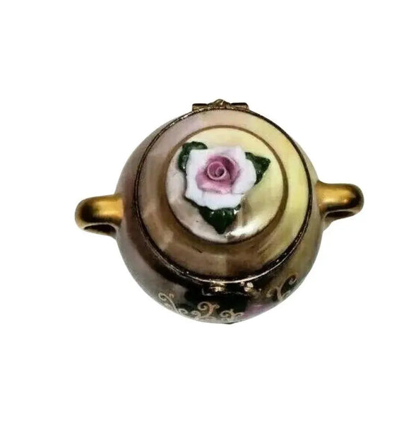 Brown Tea Urn Chest w Rosard Motiff Porcelain Limoges China French Trinket Box