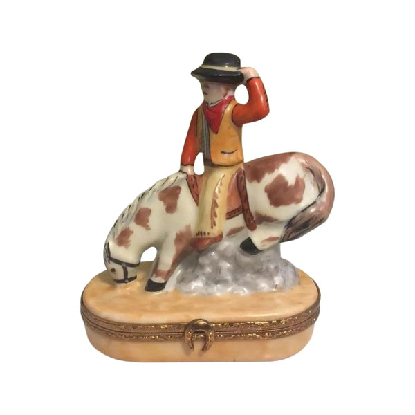 Bucking Bronco Cowboy Porcelain Limoges fairy farm animals French Trinket Box