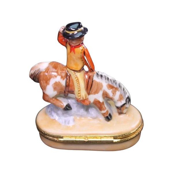 Bucking Bronco Cowboy Porcelain Limoges fairy farm animals French Trinket Box
