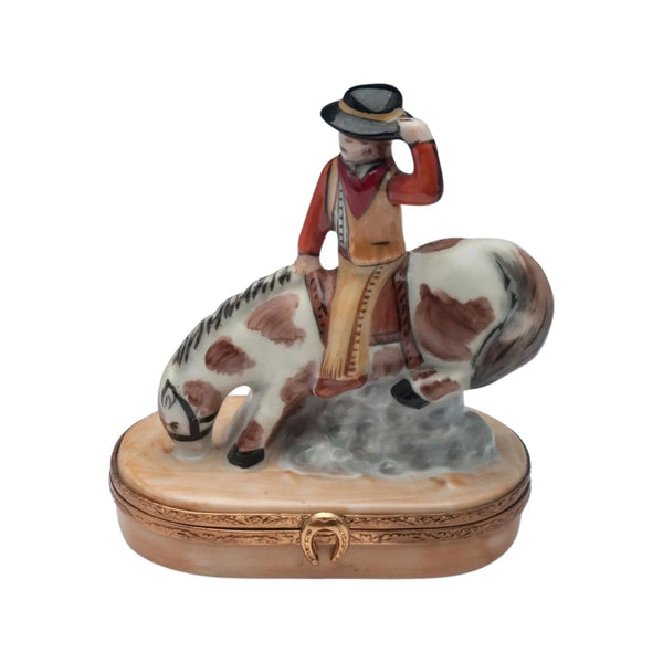 Bucking Bronco Cowboy Porcelain Limoges fairy farm animals French Trinket Box