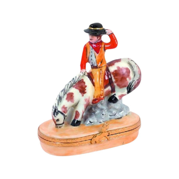 Bucking Bronco Cowboy Porcelain Limoges fairy farm animals French Trinket Box