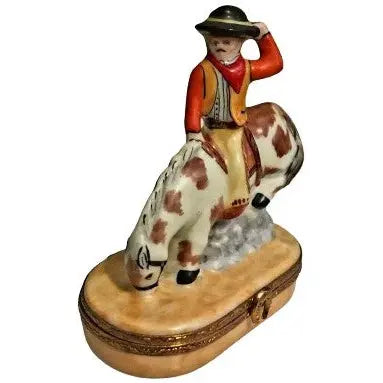 Bucking Bronco Cowboy Porcelain Limoges fairy farm animals French Trinket Box