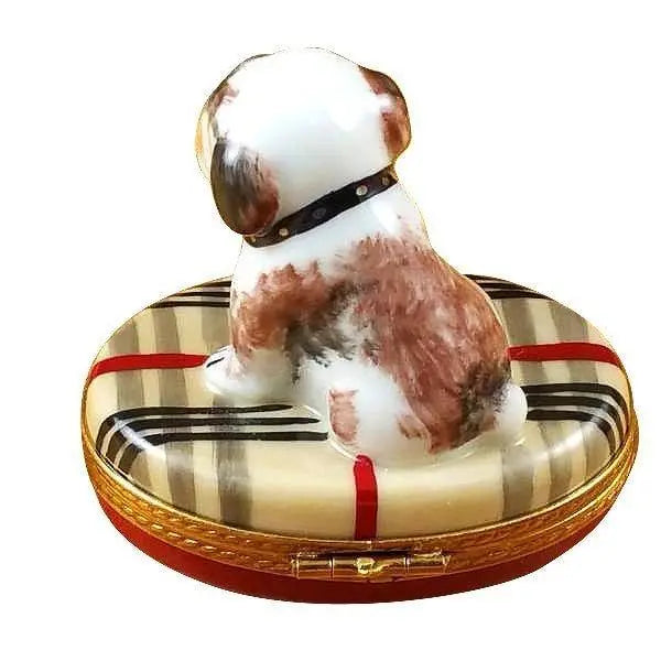 Bulldog on Plaid Rug Porcelain Limoges dog French Trinket Box